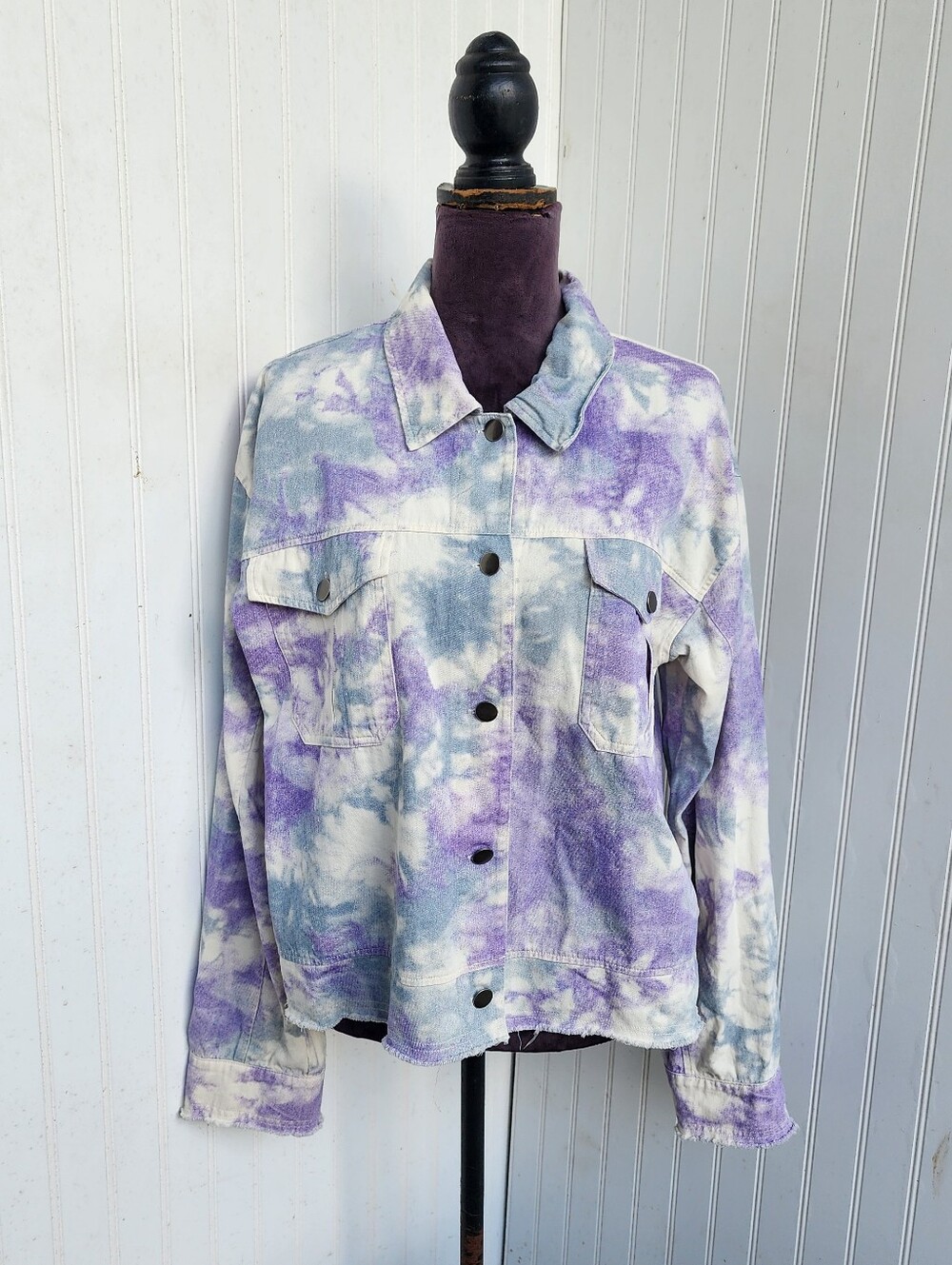 Mystree Women's Purple Blue Tie Die Jean Jacket Lightweight Denim Cotton Sz L